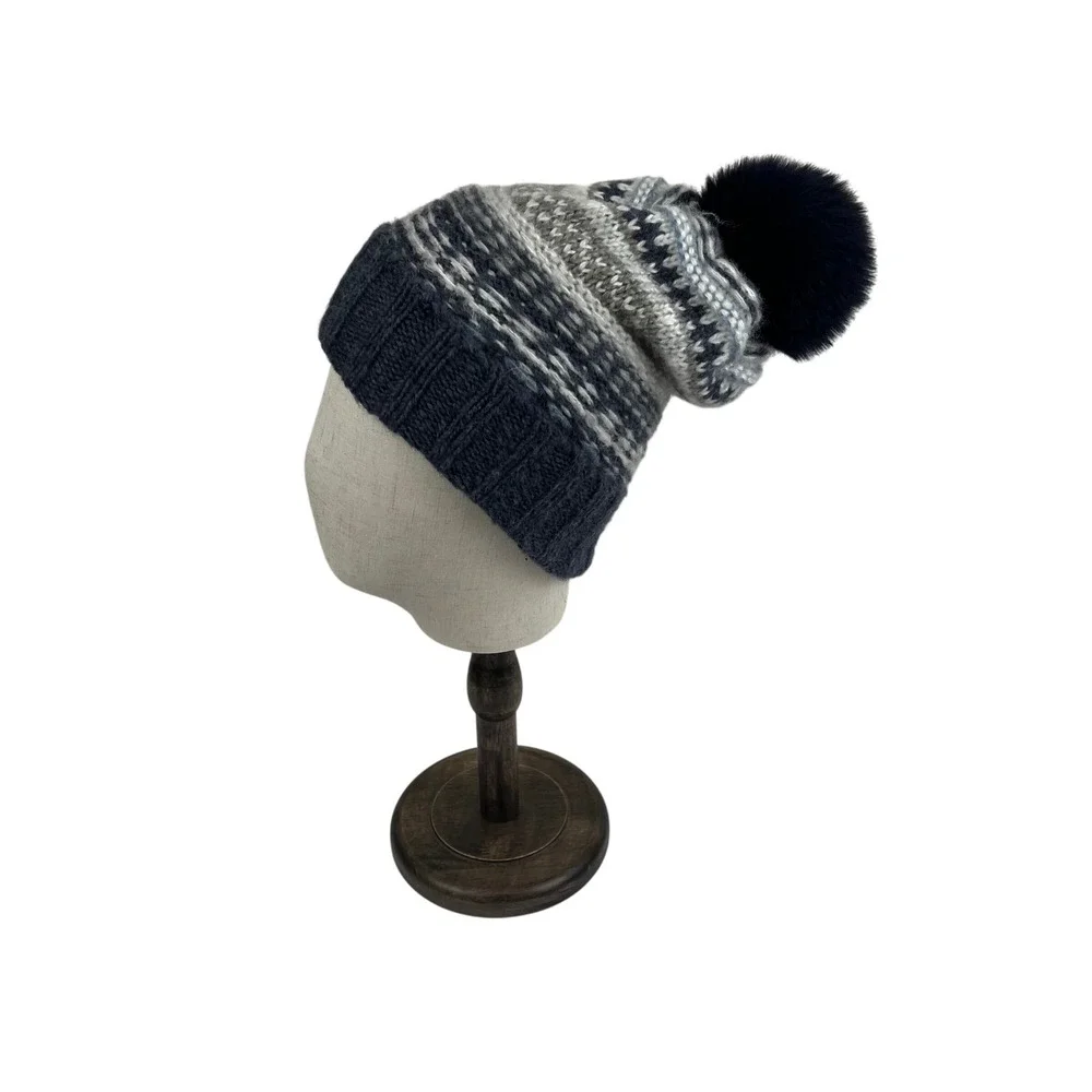 Steve Madden Womens‎ Fair Isle Knit Beanie Navy Grey Faux Fur Pom Pom One Size